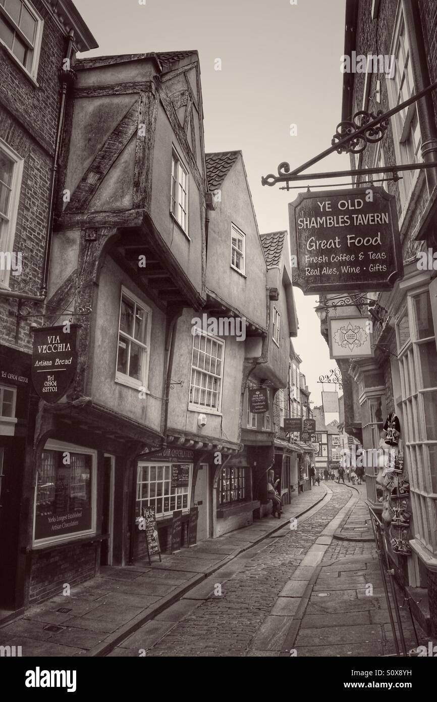A medieval street in York called The Shambles in black and white. - Smartphone Captured Stock Image