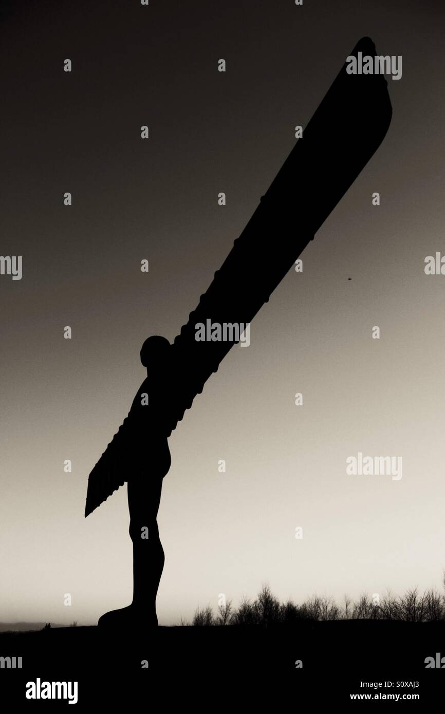 A black and white image of The Angel Of The North in Gateshead, Newcastle. - Smartphone Captured Stock Image