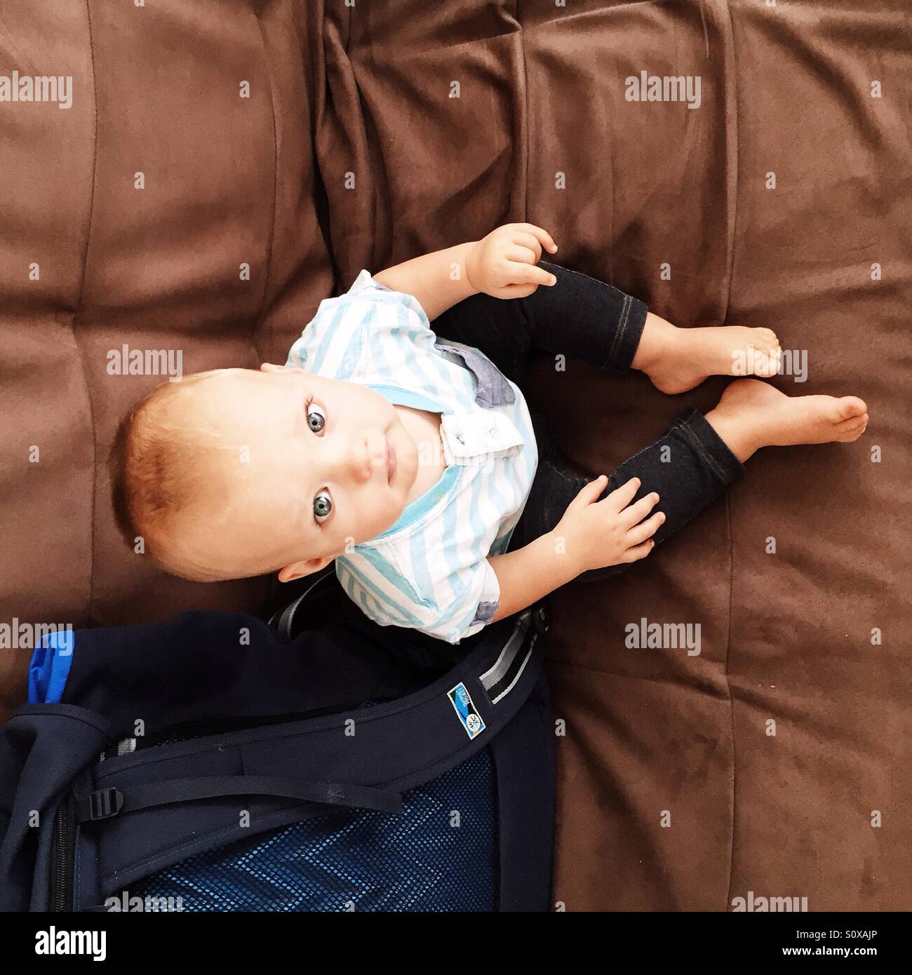 Little baby boy sitting on the couch Stock Photo Alamy