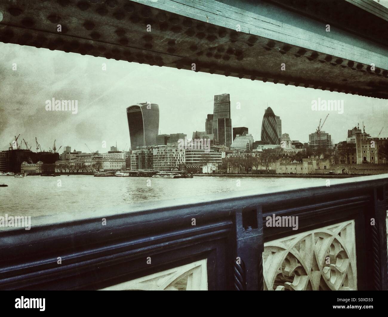 Skyline of The City in London seen from the Tower Bridge - Smartphone Captured Stock Image