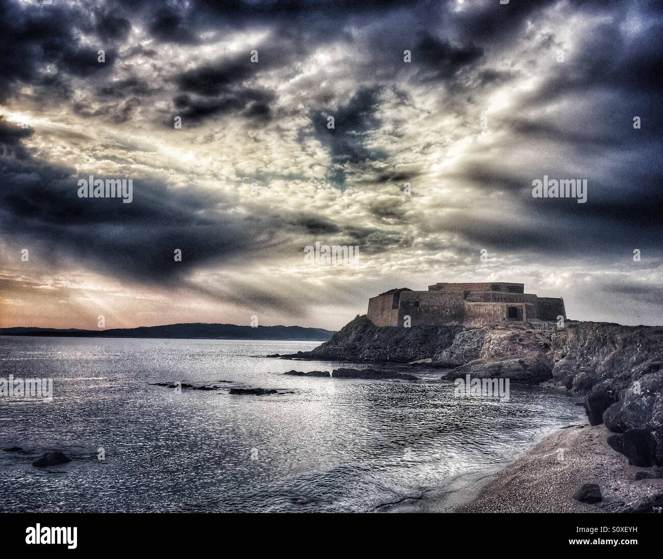 Fort and dramatic sky, Giens peninsula, Var,Côte-Asur,France Stock Photo