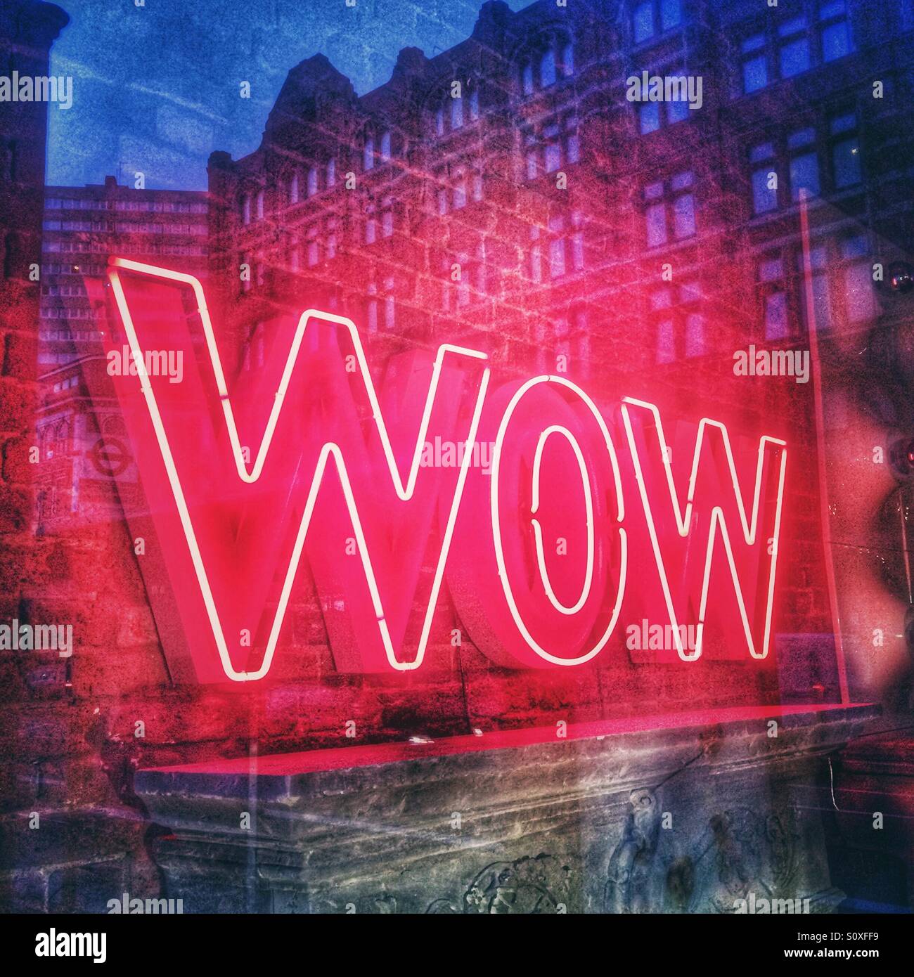 A neon Wow sign Stock Photo
