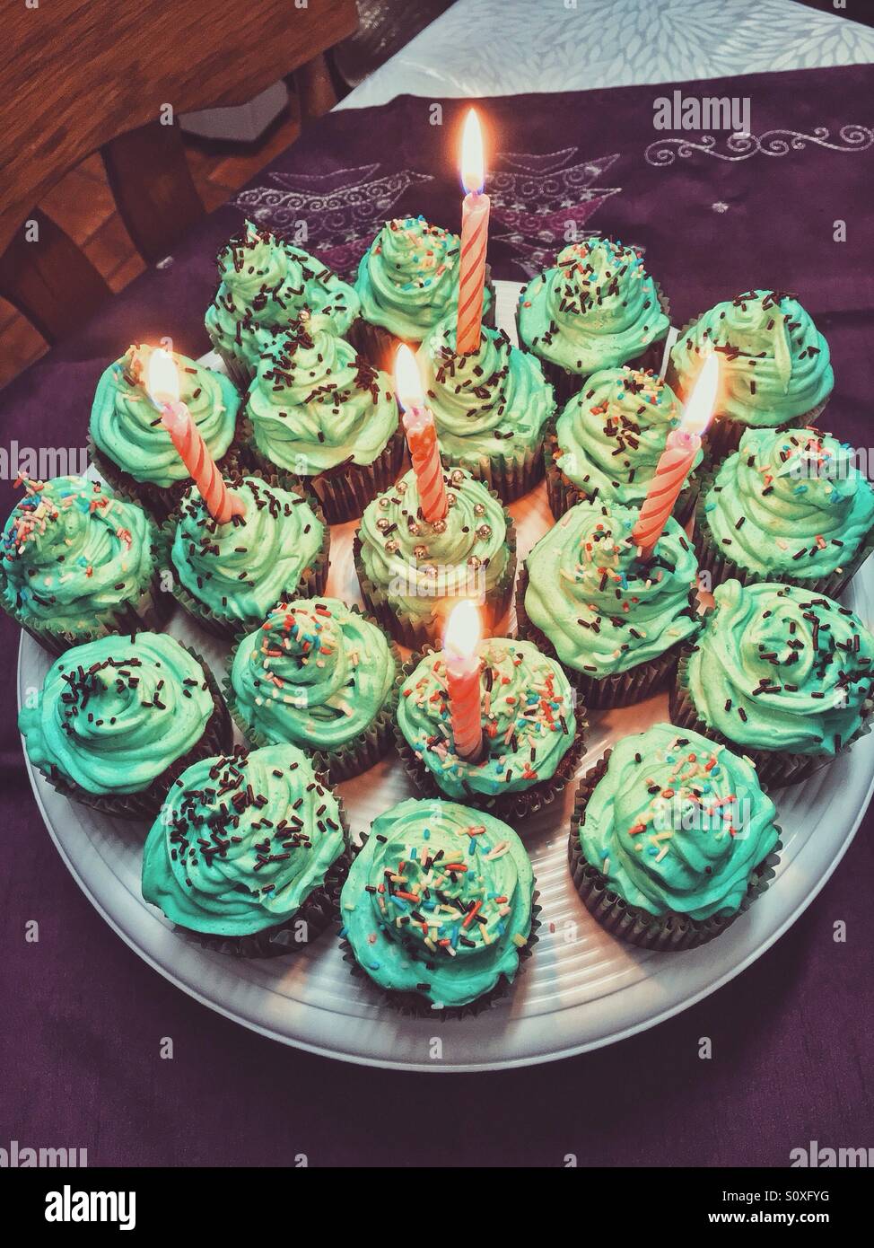 Chocolate cupcakes with green icing. Stock Photo
