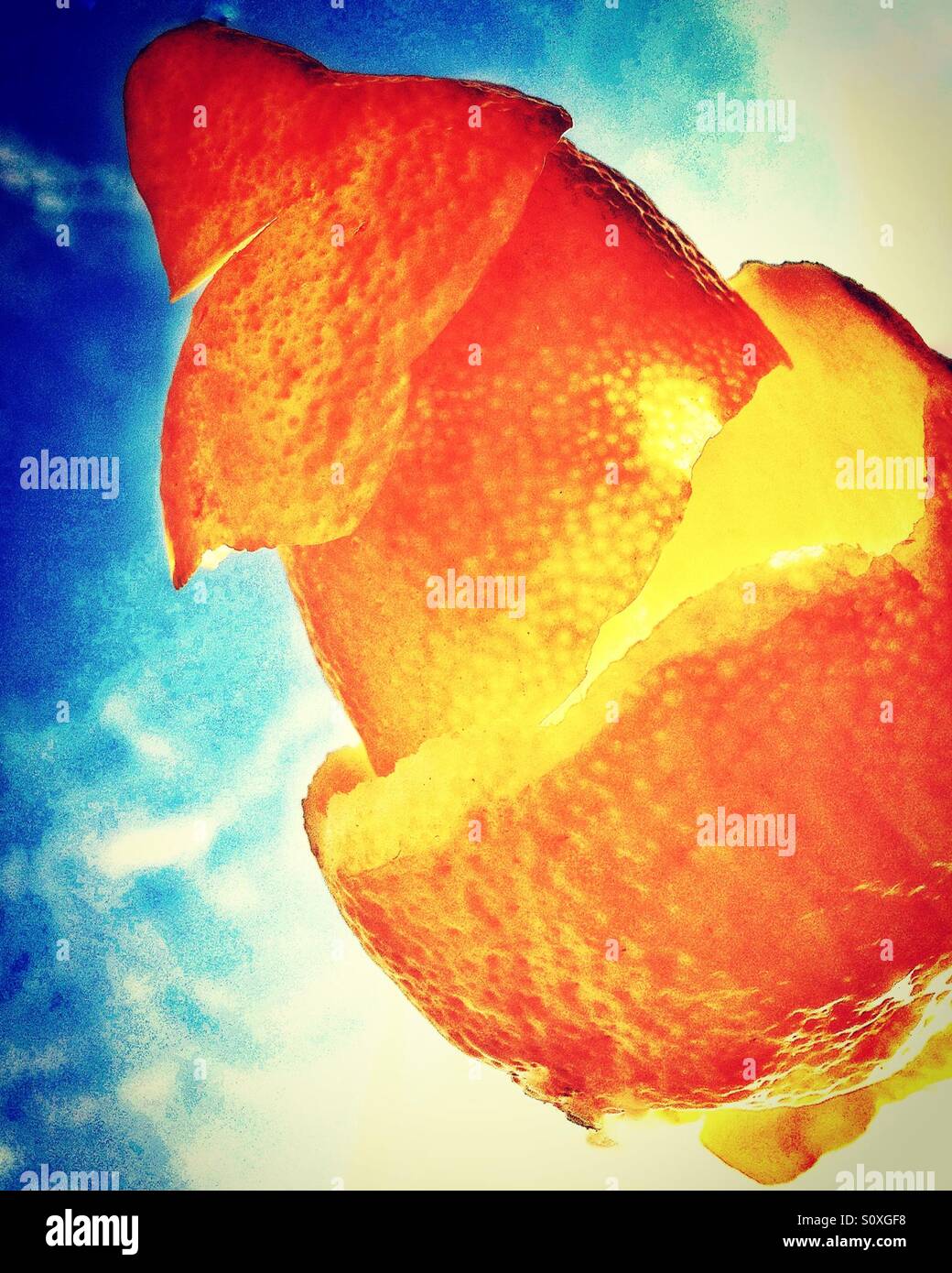 Orange peel and clouds sky. - Smartphone Captured Stock Image