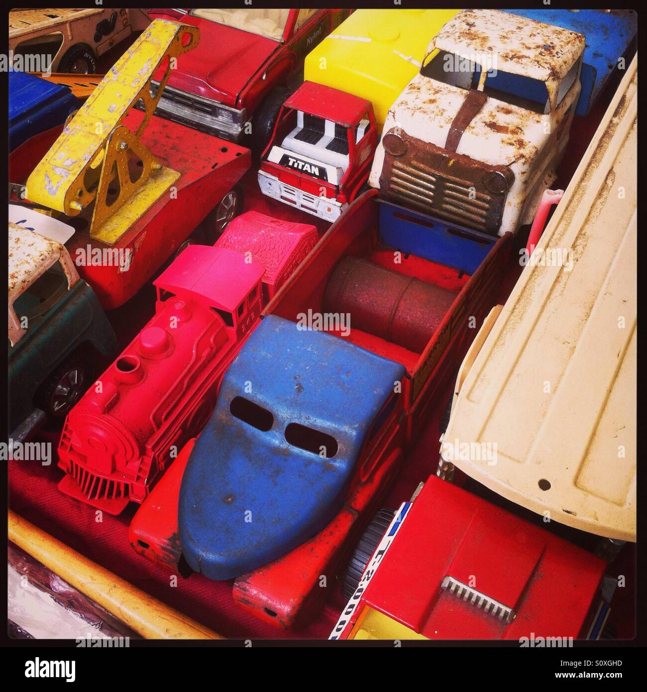 Vintage tin toy cars at Beaulieu Autojumble Stock Photo