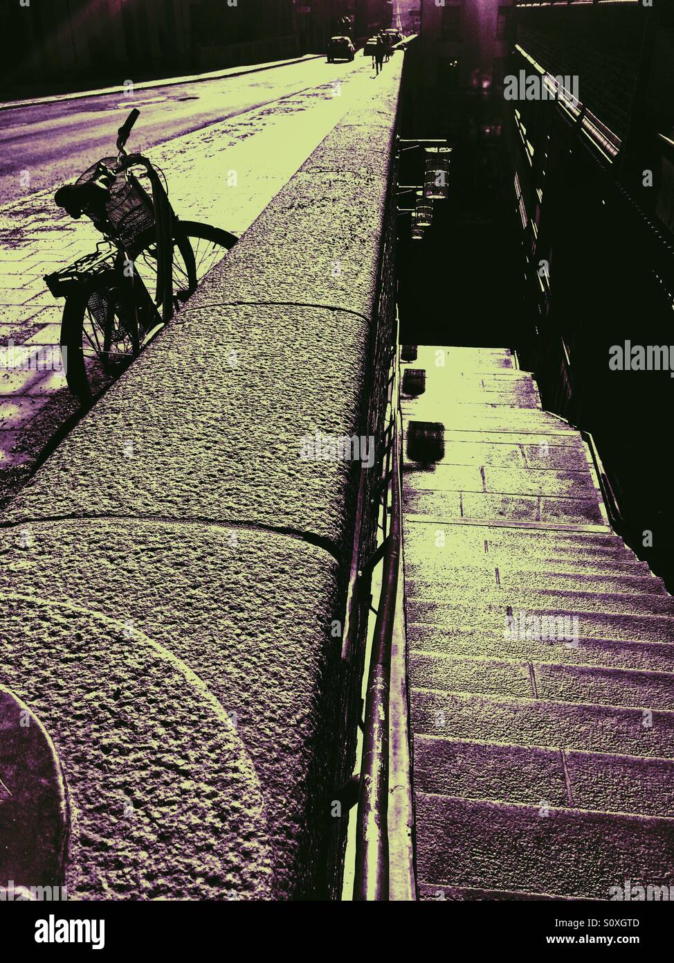 Pedestrian stairway and road with bicycle, Stockholm, Sweden, Scandinavia - Smartphone Captured Stock Image