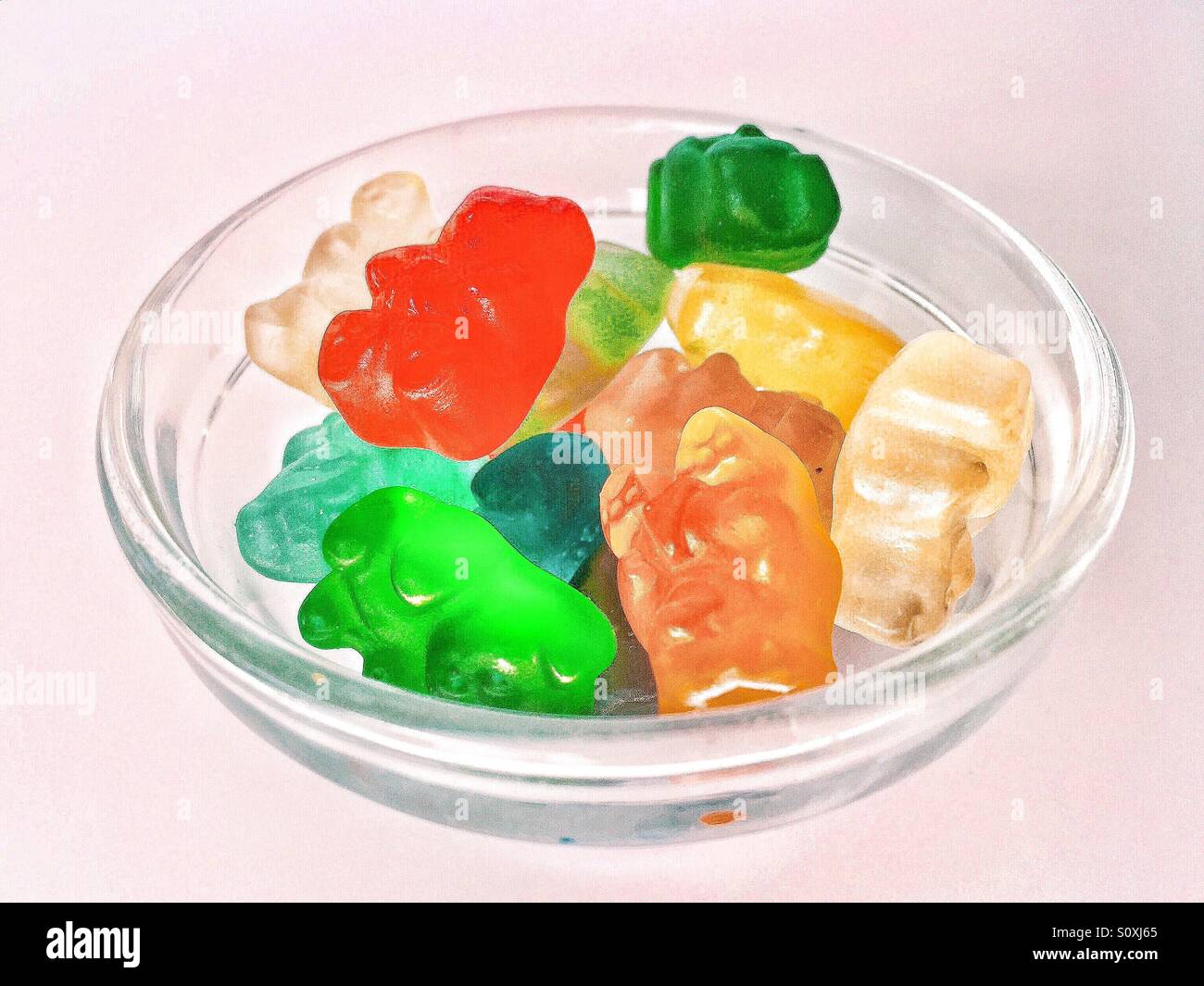 Gummy bears in a glass bowl. - Smartphone Captured Stock Image