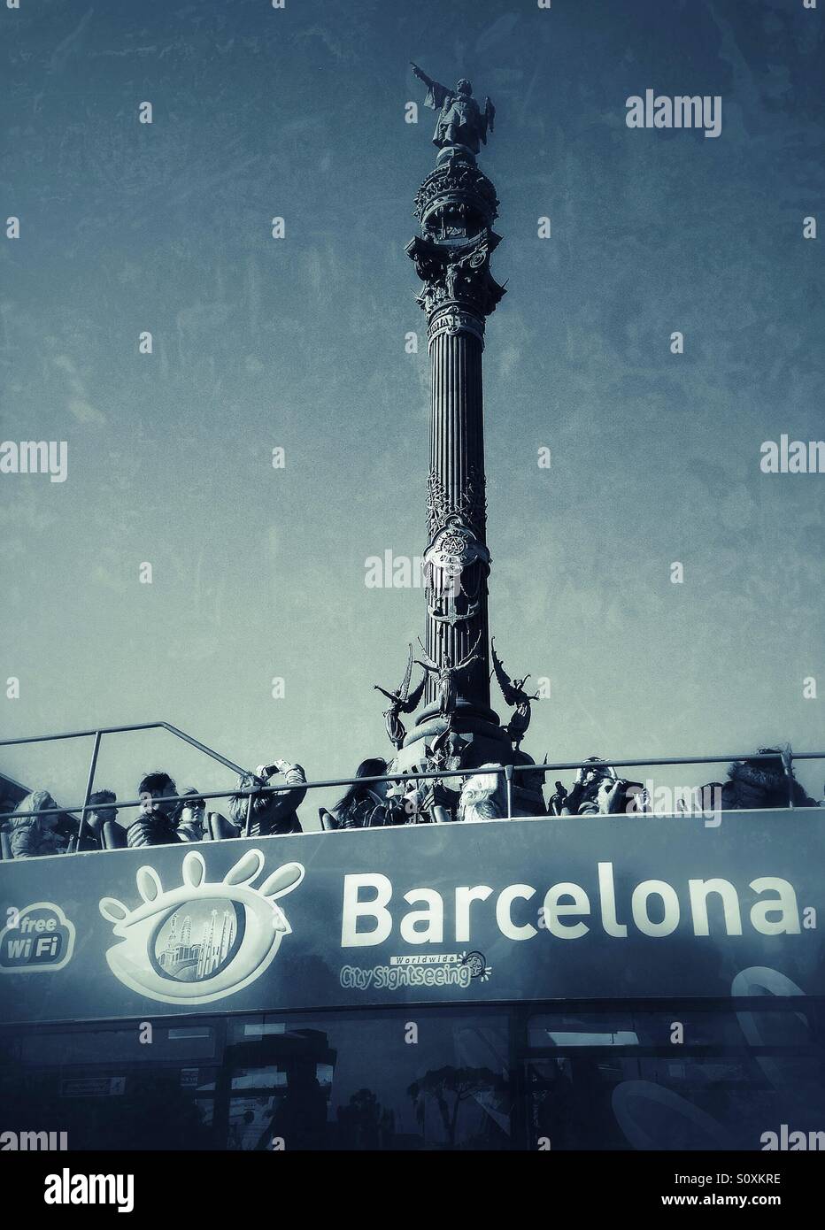 Tourist bus in Barcelona near Columbus monument - Smartphone Captured Stock Image
