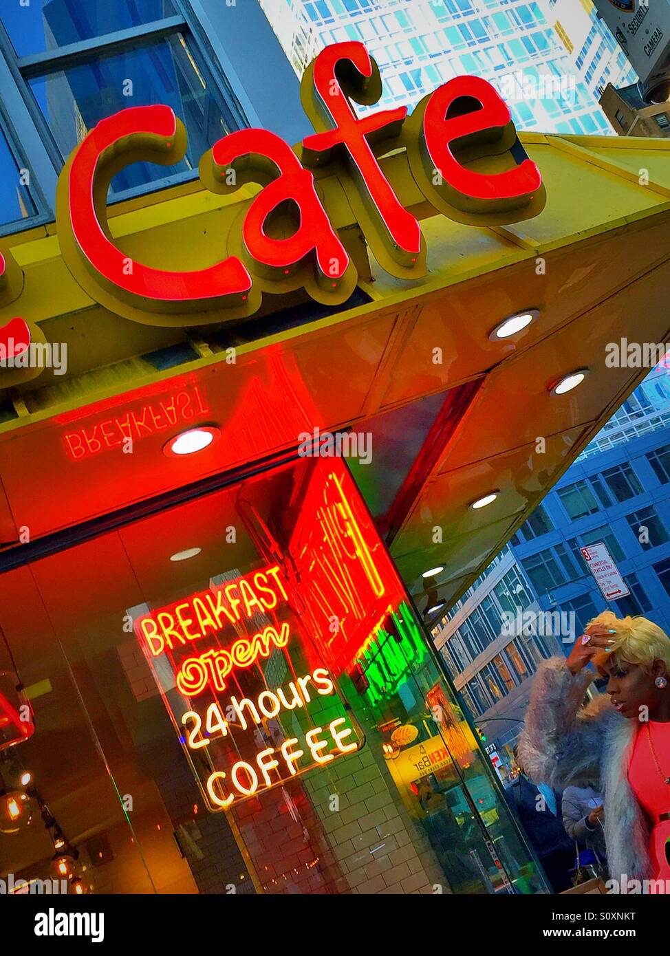Cafe on a corner in Times Square, NYC Stock Photo