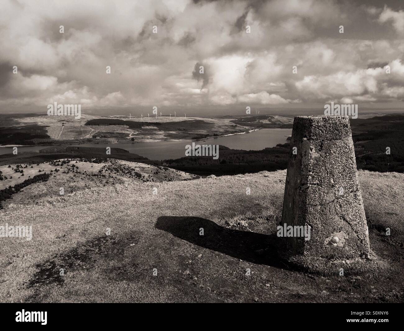 Black and white edit of the view from Meikle Hill summit, Carron Valley, Scotland Stock Photo