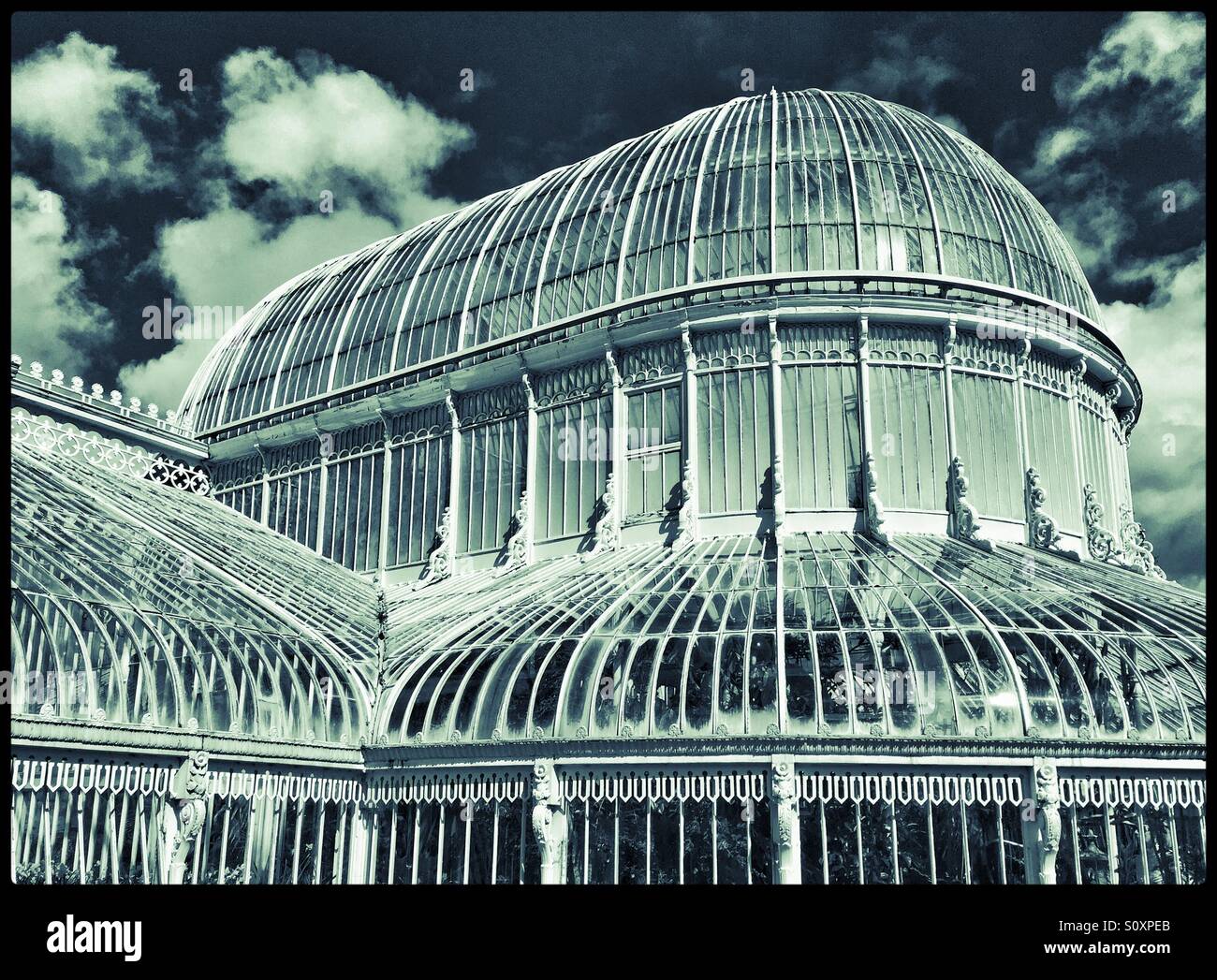 An Exterior View of The Palm House in Belfast Botanic Gardens. Built 1839 to 1840, this large Greenhouse is a fantastic example of a Curvilinear Cast Iron Glasshouse. Photo Credit - © COLIN HOSKINS. - Smartphone Captured Stock Image