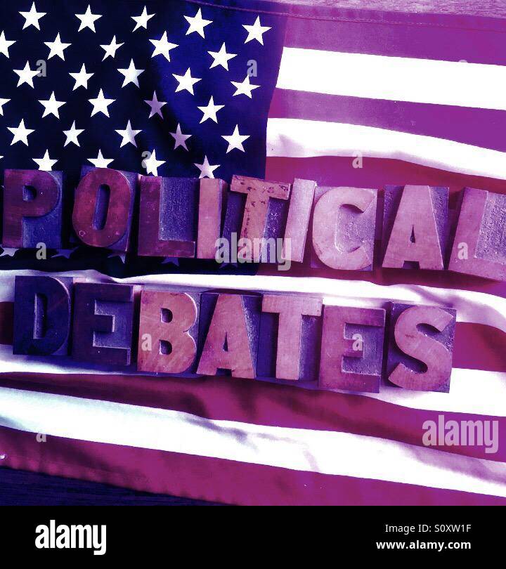 Political debates words on USA flag - Smartphone Captured Stock Image