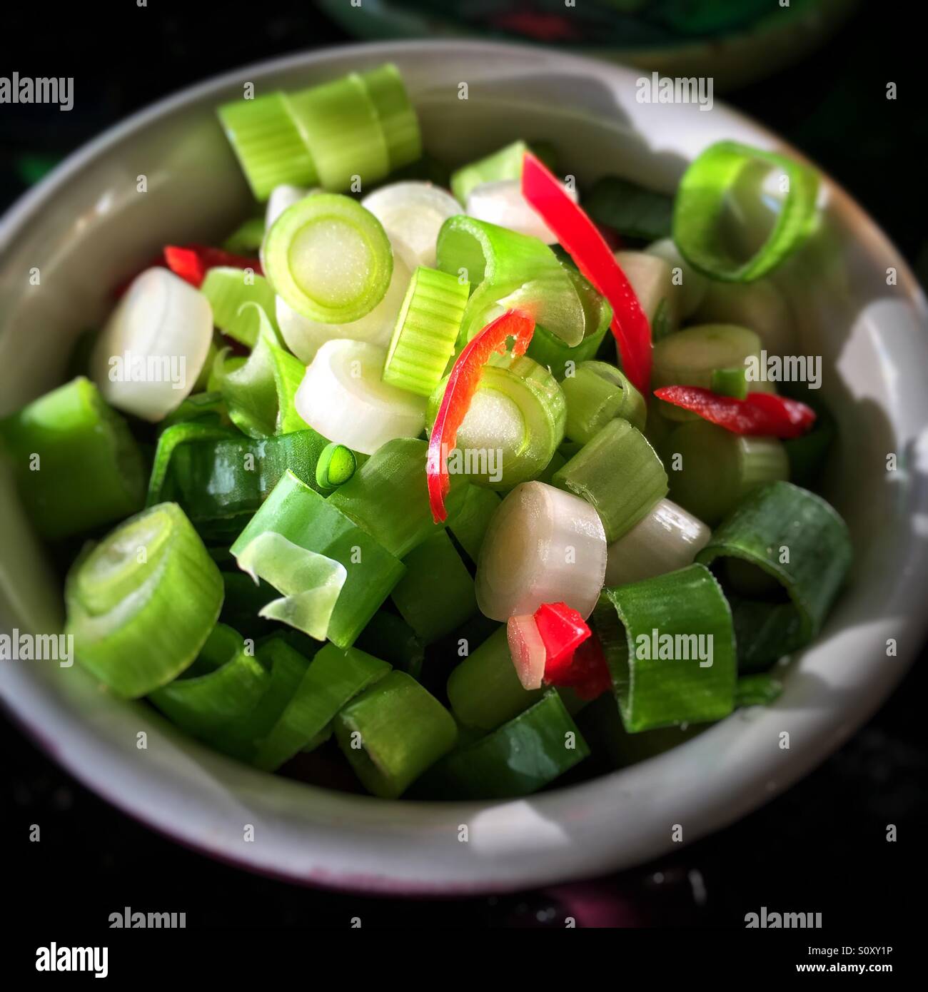 Spring onions and red chilli - Smartphone Captured Stock Image