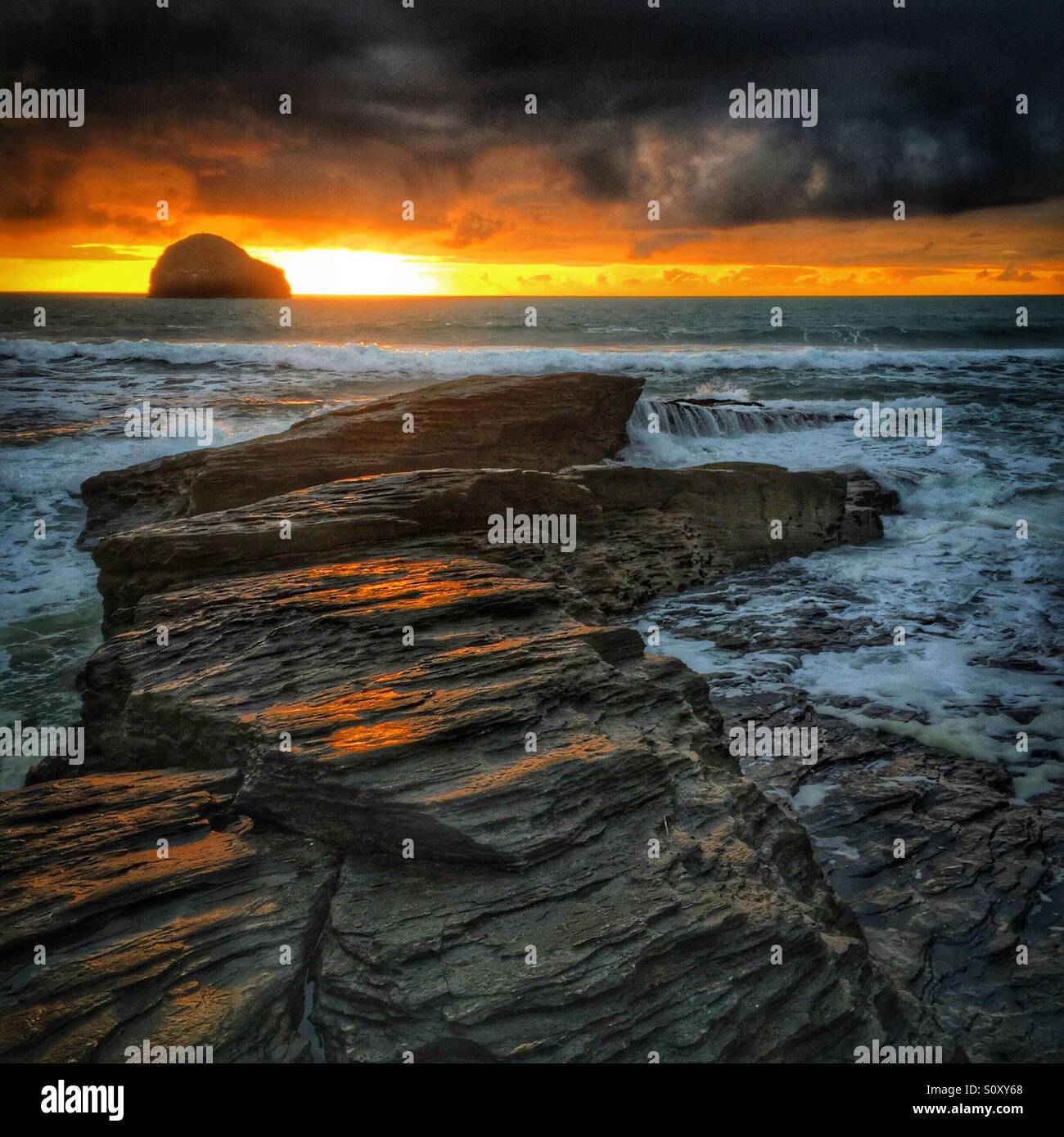 Sunset at Trebarwith Strand in Cornwall. - Smartphone Captured Stock Image