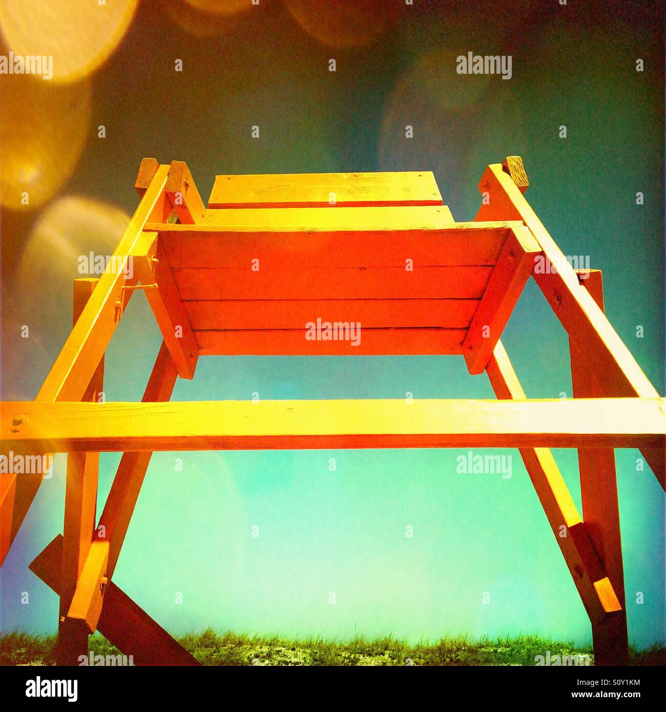 Low angle view of an empty lifeguard chair on the beach at Jacksonville Beach, Florida, USA. - Smartphone Captured Stock Image