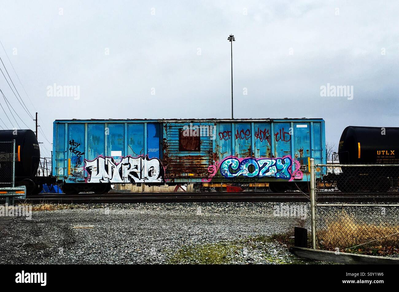 Graffiti tagged train stopped in ohio. Stock Photo