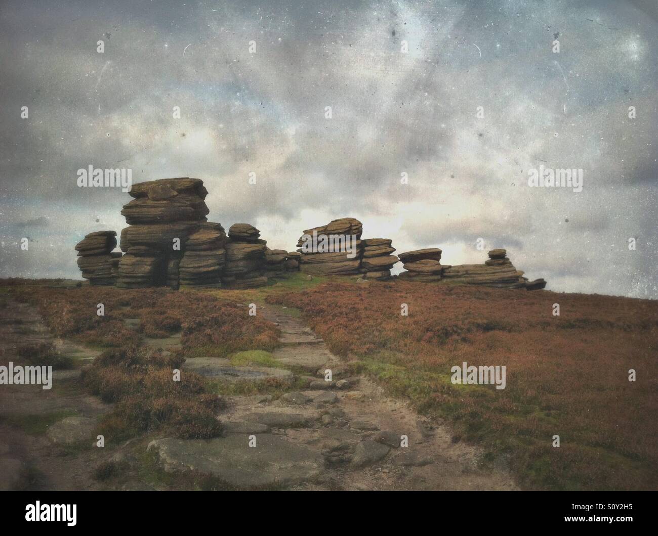 Unusually shaped grit stone tors called Wheel Stones on Dervent Edge, Derbyshire, UK - Smartphone Captured Stock Image