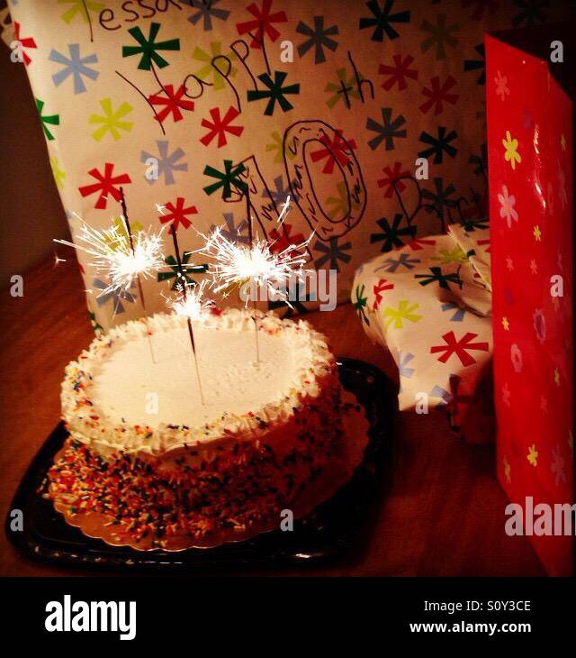 Birthday cake with sparklers for a 10 year old girl. Stock Photo