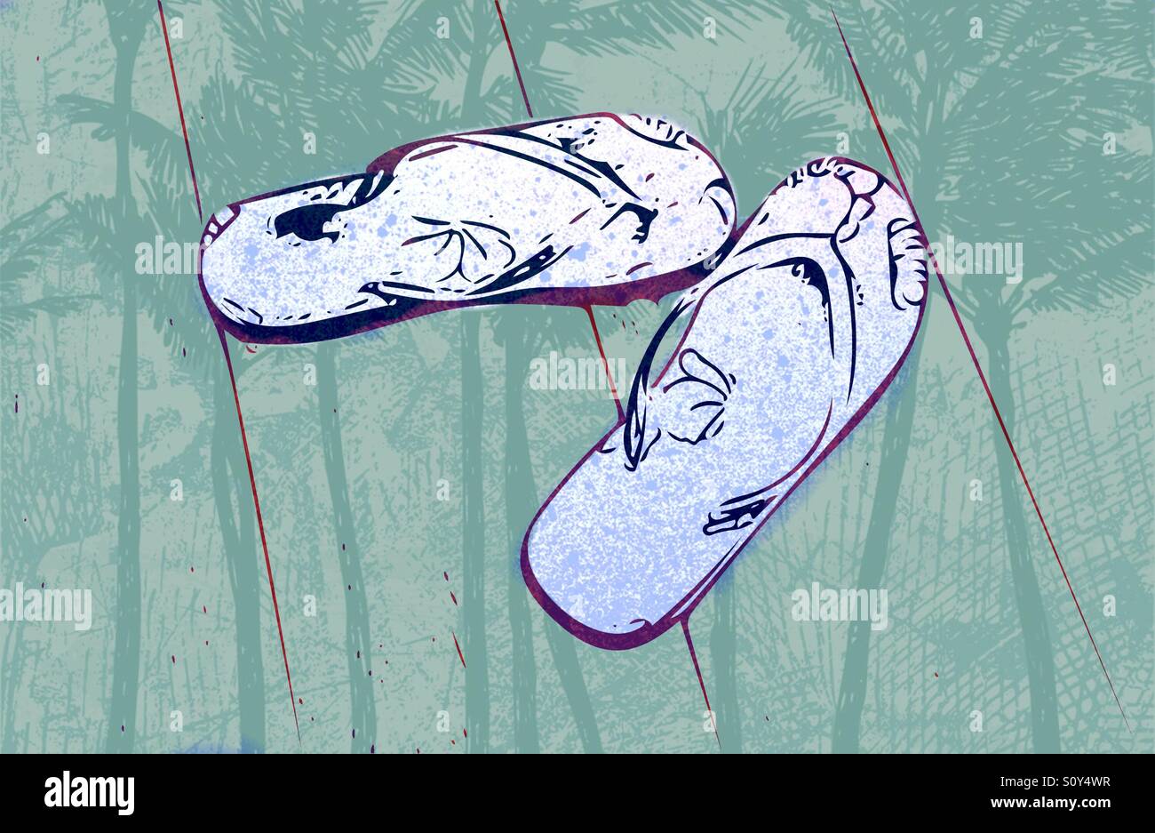 Thongs on wooden floor with palm tree background - Smartphone Captured Stock Image