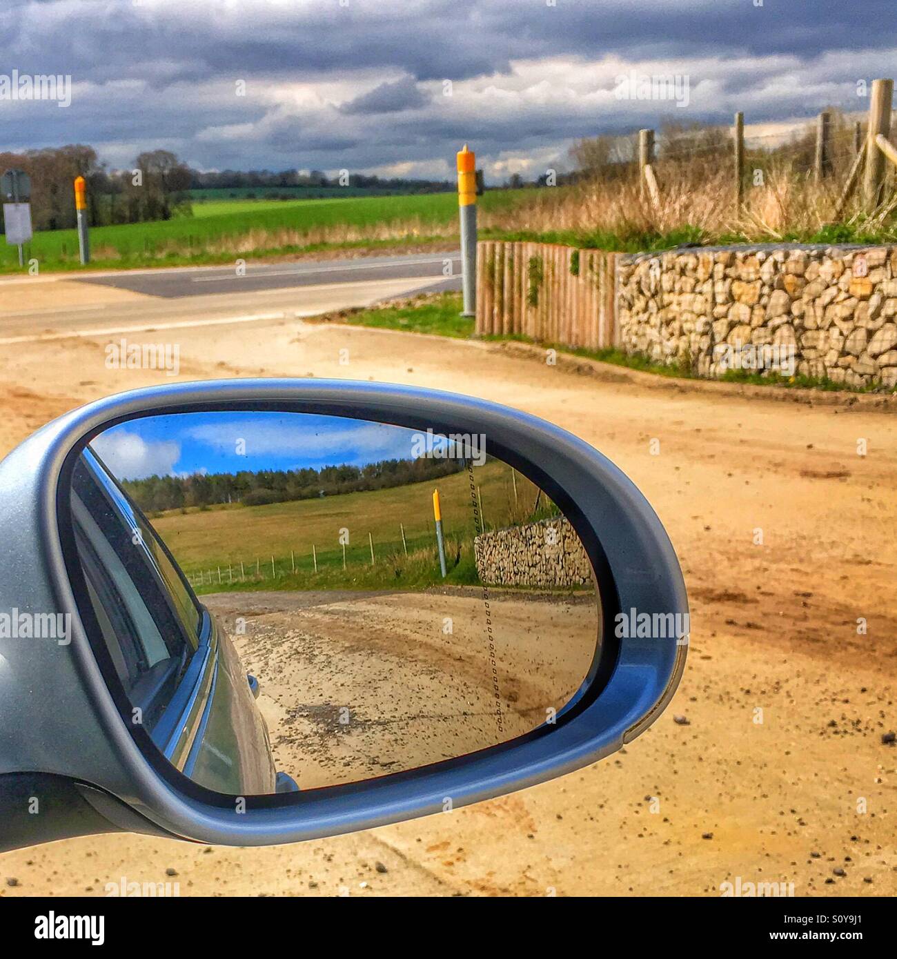 Reflections from wing mirror on Salisbury Plain Stock Photo