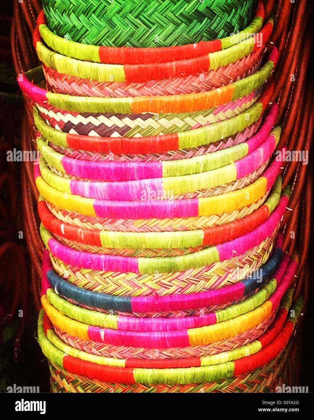 Colourful woven shopping baskets close up detail. Mobile phone photo with some phone or tablet post processing. - Smartphone Captured Stock Image