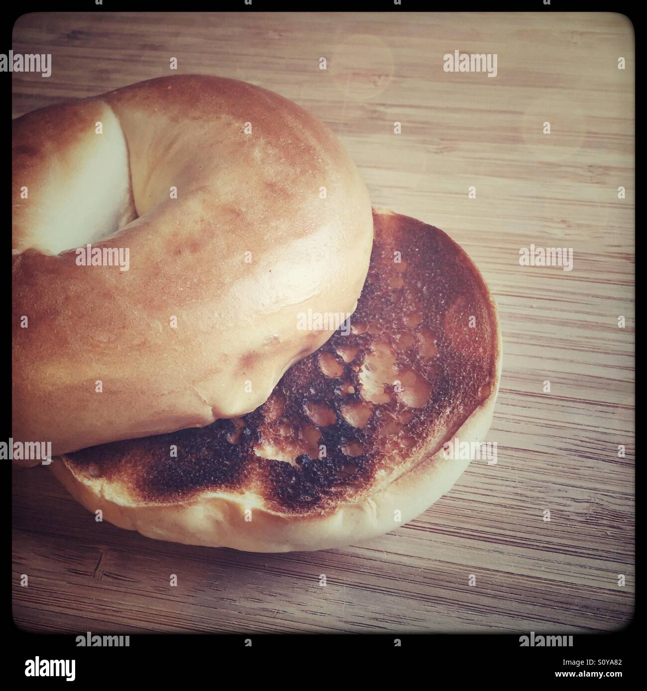 Plain toasted bagel on wood cutting board Stock Photo