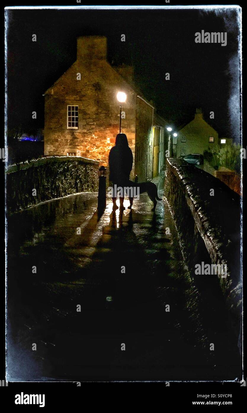 Girl and her dog on cobbled pack horse bridge in the rain at night - Smartphone Captured Stock Image