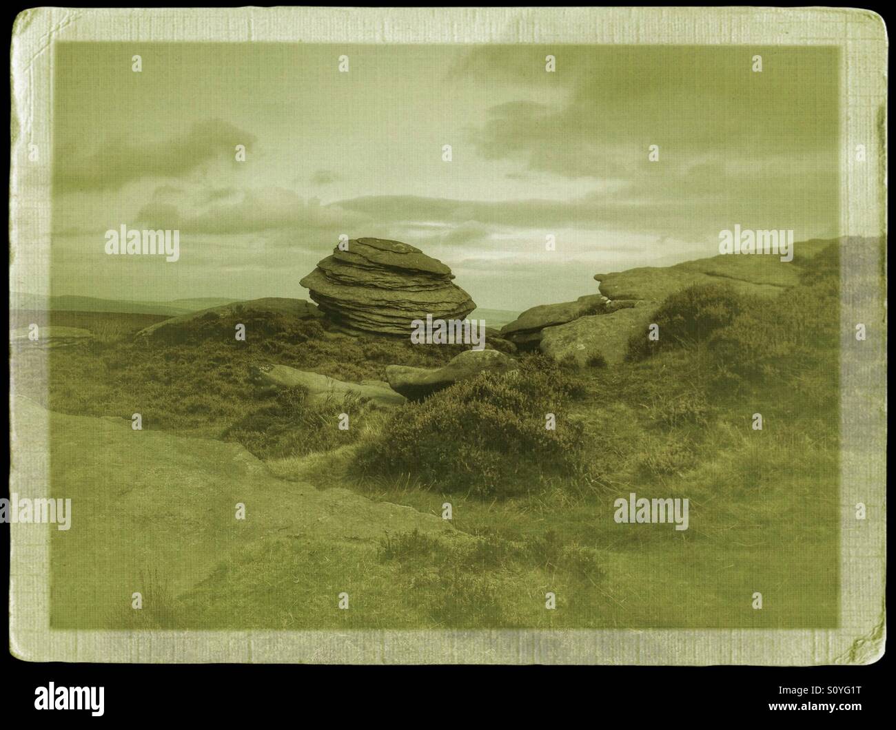 Sandstone formations called The Cakes of Bread' on Derwent Edge, Peak District, England - Smartphone Captured Stock Image