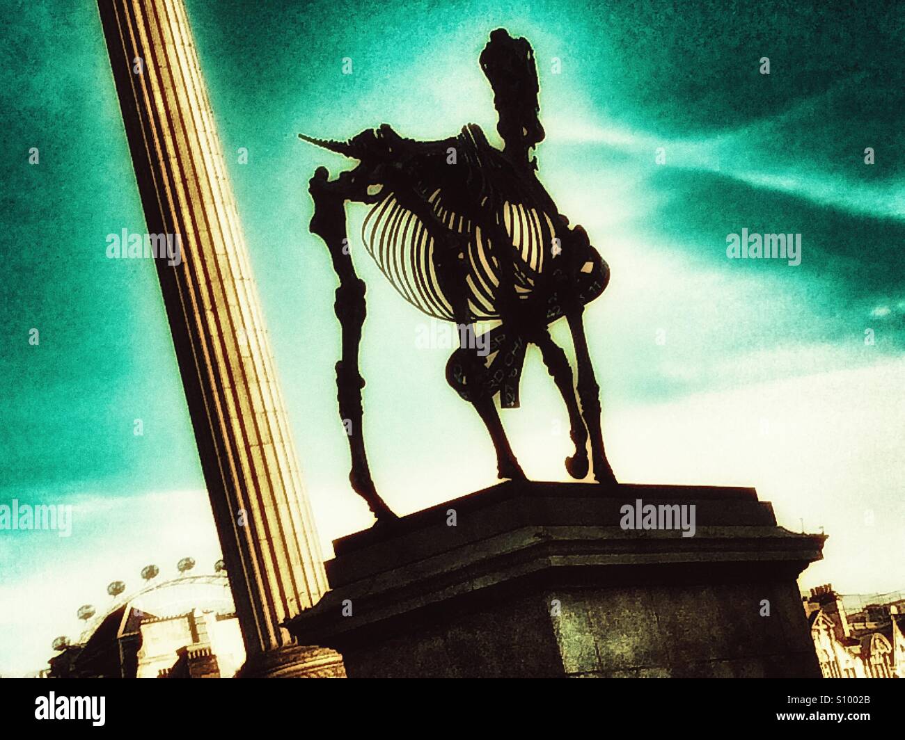 Gift Horse bronze sculpture by Hans Haacke on the 4th plinth Trafalgar Square, London, England. - Smartphone Captured Stock Image