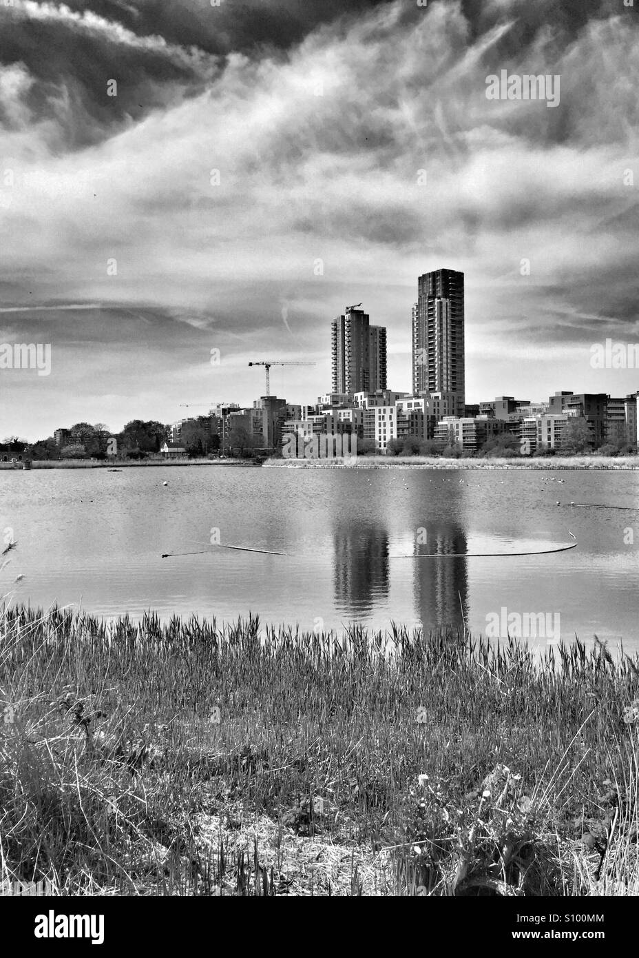 Urban landscape behind Woodberry wetlands. A wildlife oasis, that opened in Hackney, London in May 2016 Stock Photo
