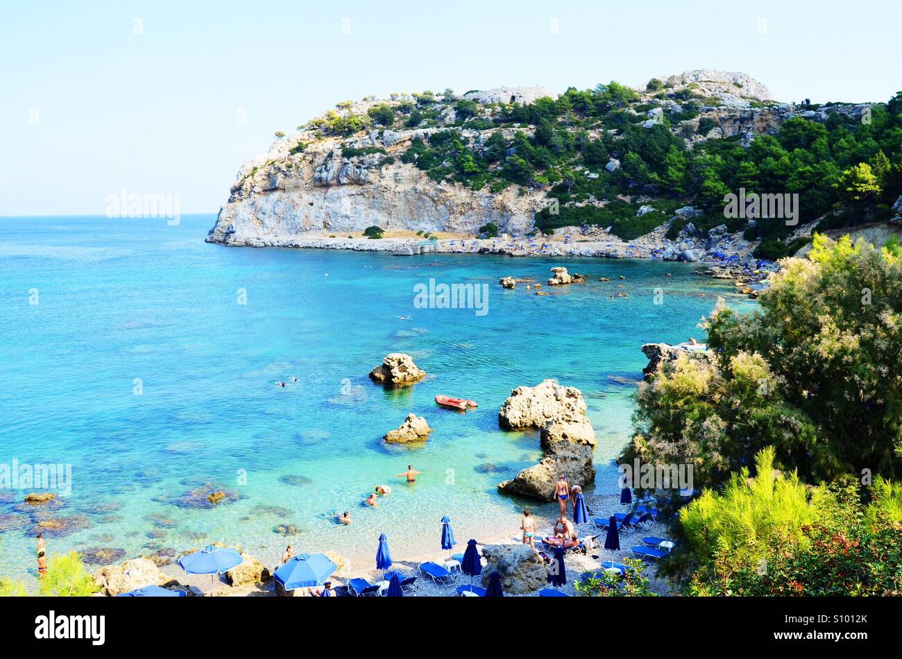 Faliraki beach (Anthony Quinn bay) at Rhodes Island - Greece Stock Photo