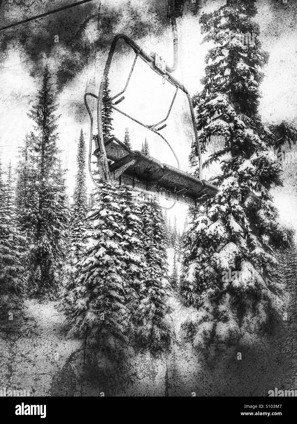Low angle view of an empty ski lift amongst snow covered trees. - Smartphone Captured Stock Image