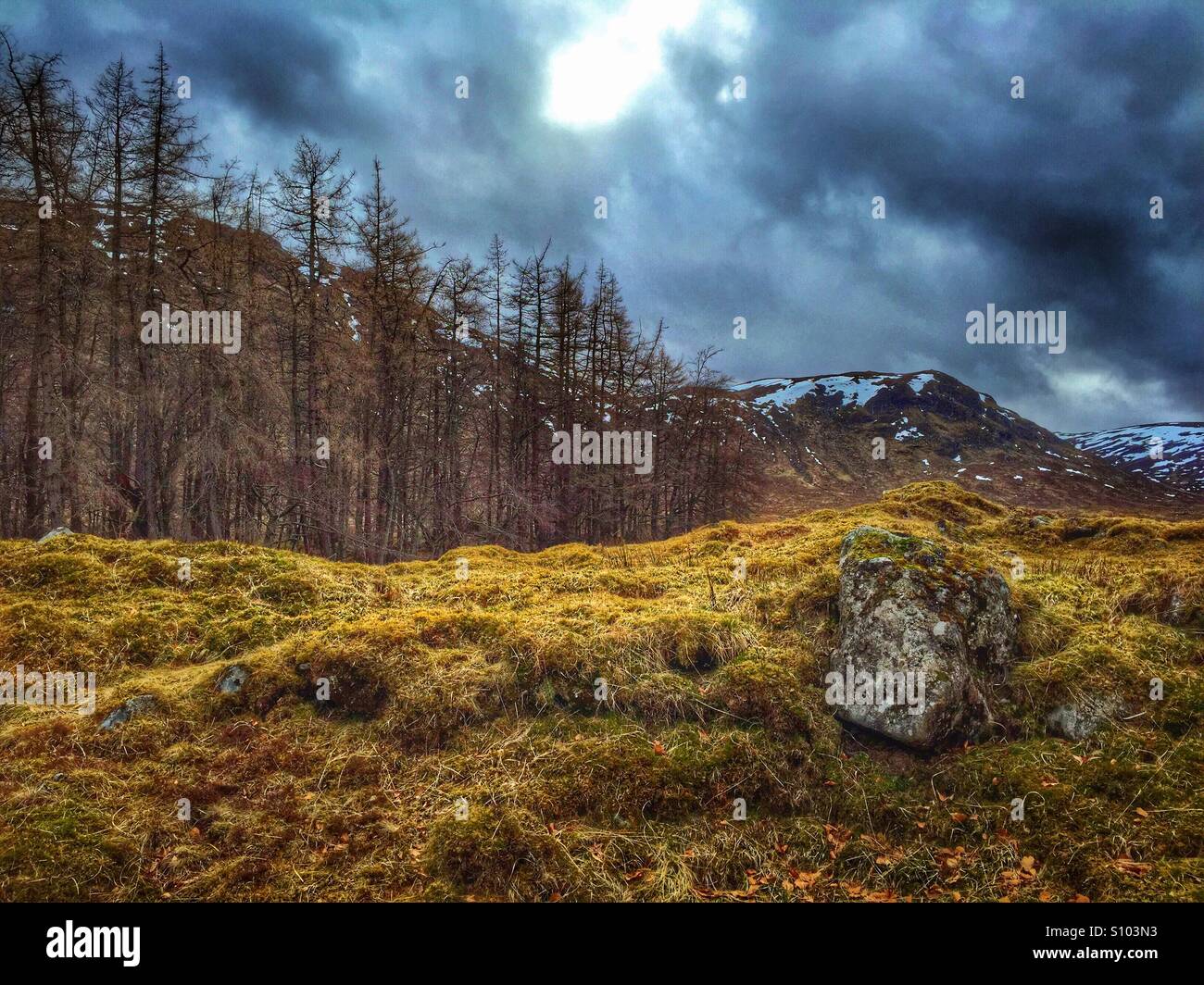 Moody sky in the Highlands, near Fort William, on the Corrour Estate. Stock Photo