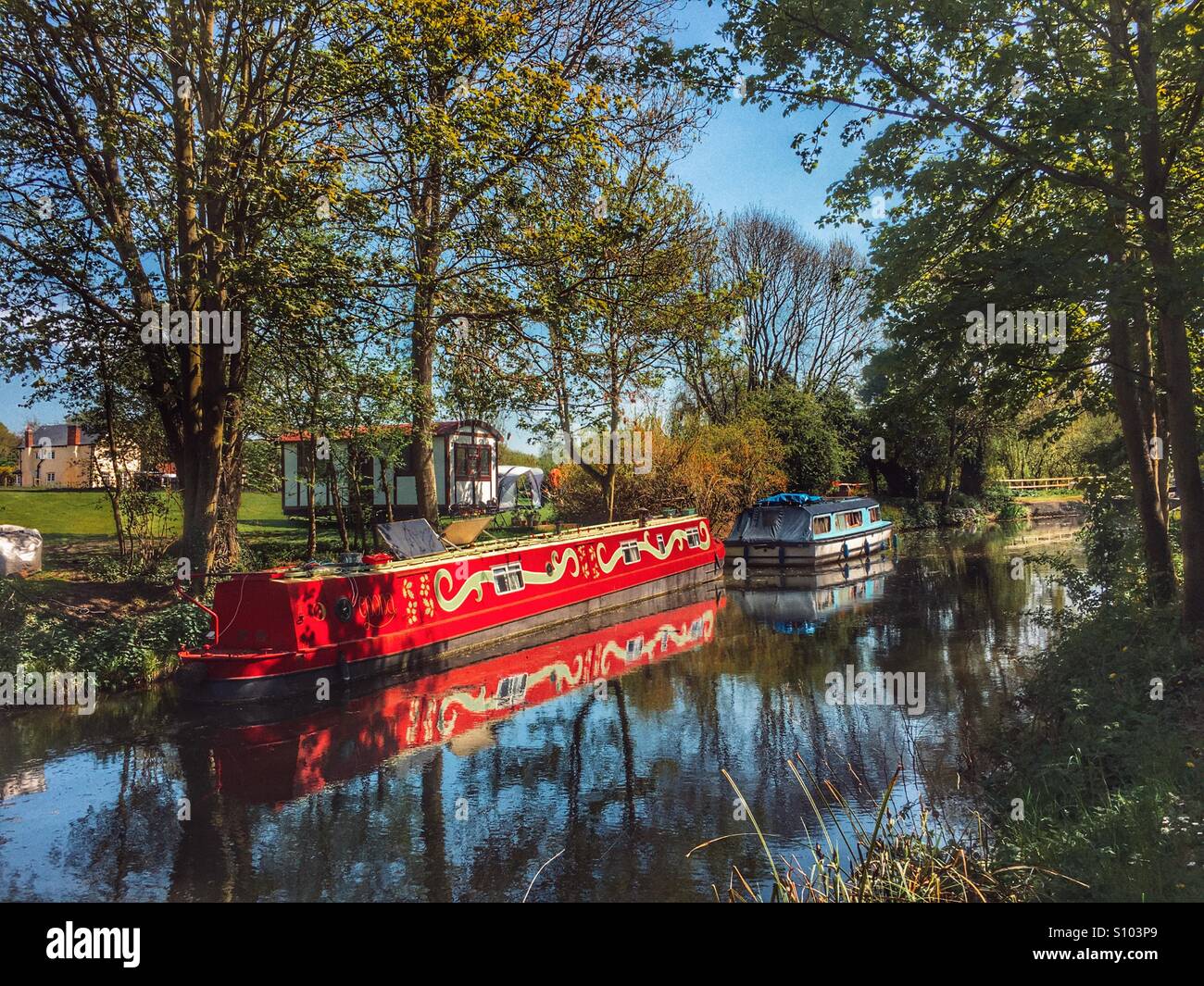 Canal boats on the river in summer - Smartphone Captured Stock Image