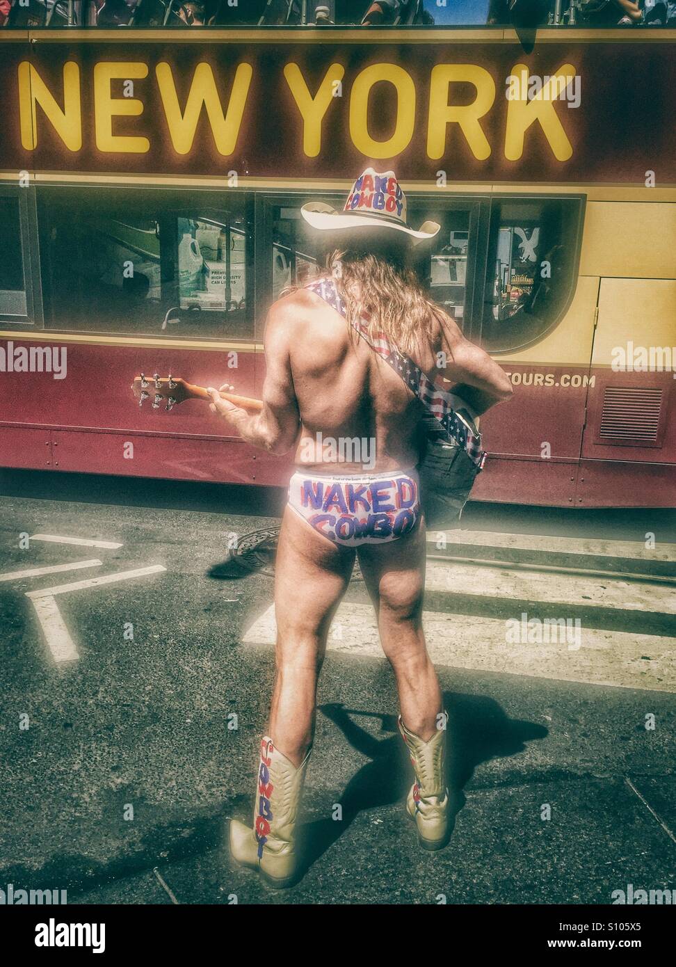 Naked cowboy of New York Stock Photo