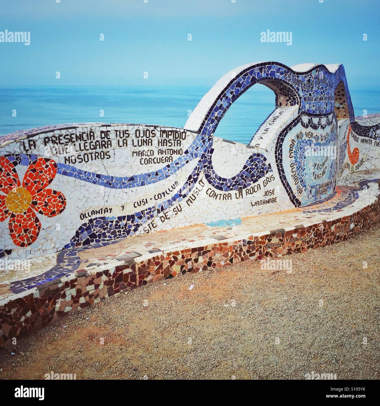 mosaic bench in El Parque del Amor, Miraflores neighborhood in Lima, Peru. Stock Photo