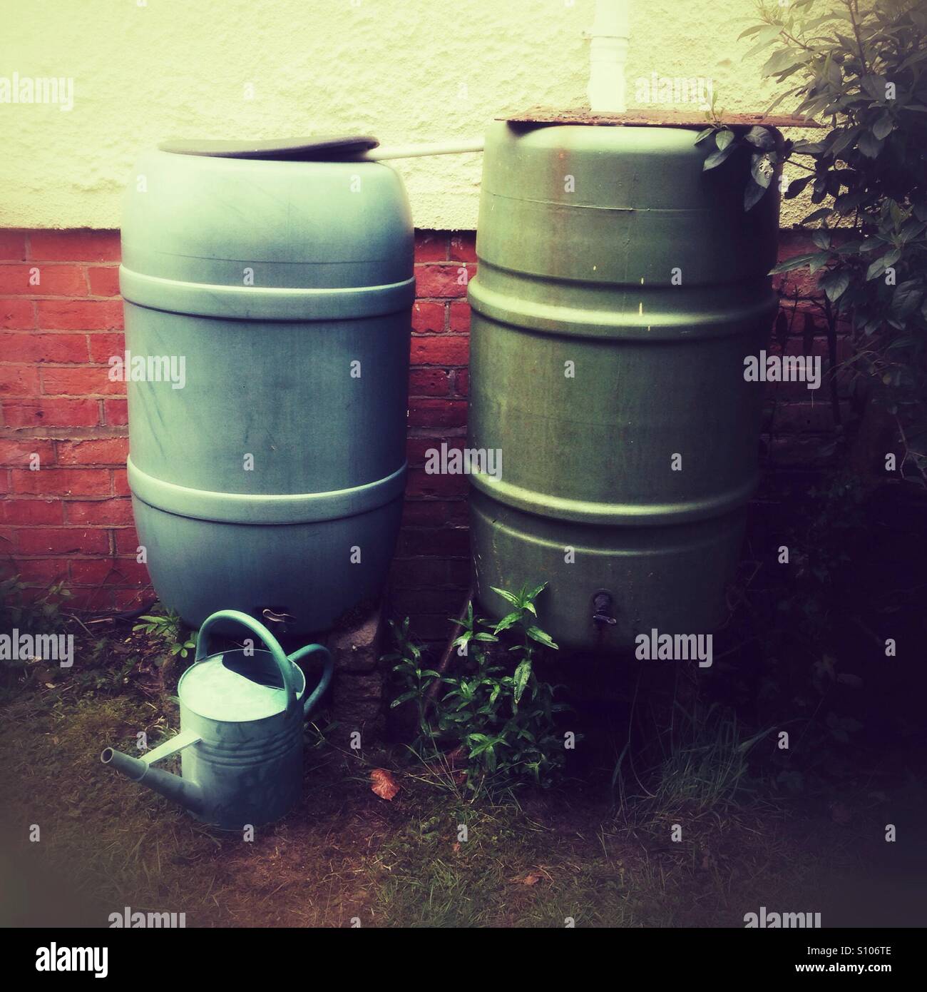 Rain water collection  barrels, Hampshire, England, United Kingdom. - Smartphone Captured Stock Image