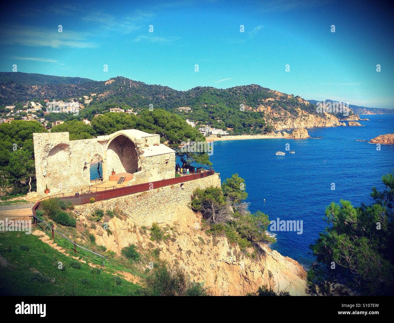 View of ancient ruined church in fortress of Tossa de Mar, Costa Brava - Girona Stock Photo