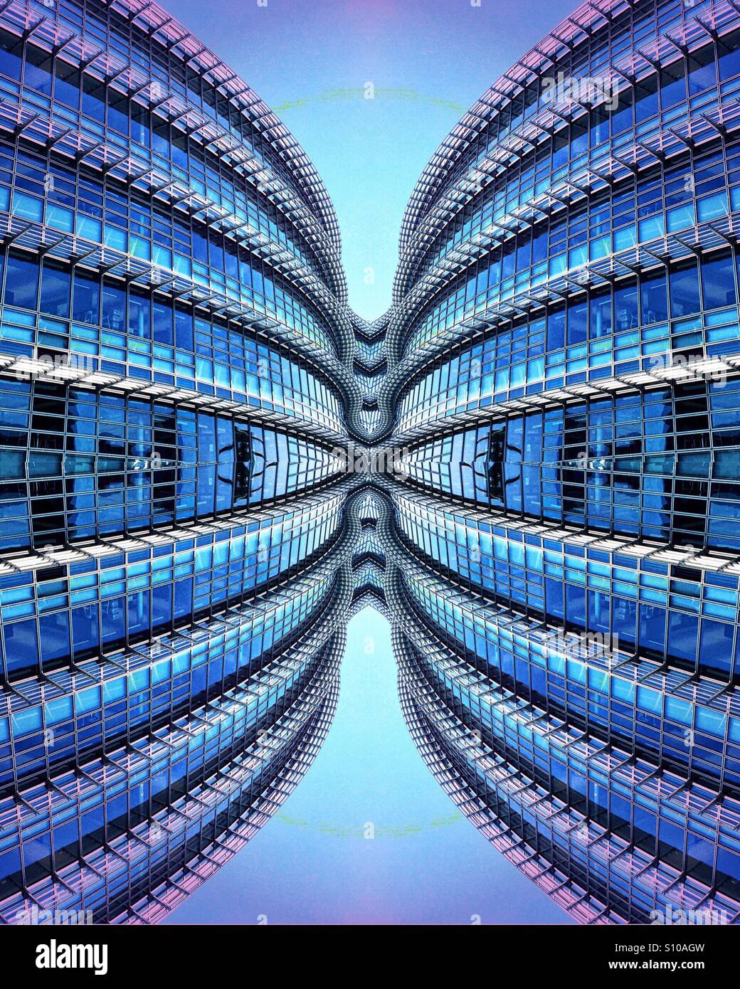 An abstract architectural image featuring curved, flowing lines converging in the center.  Blue tones Stock Photo