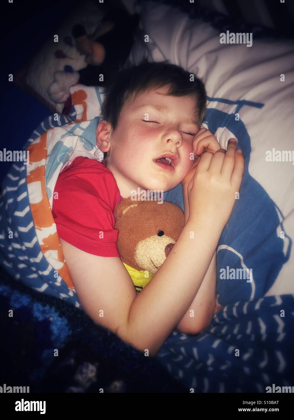 Little boy fast asleep in bed with his teddy bear. Stock Photo