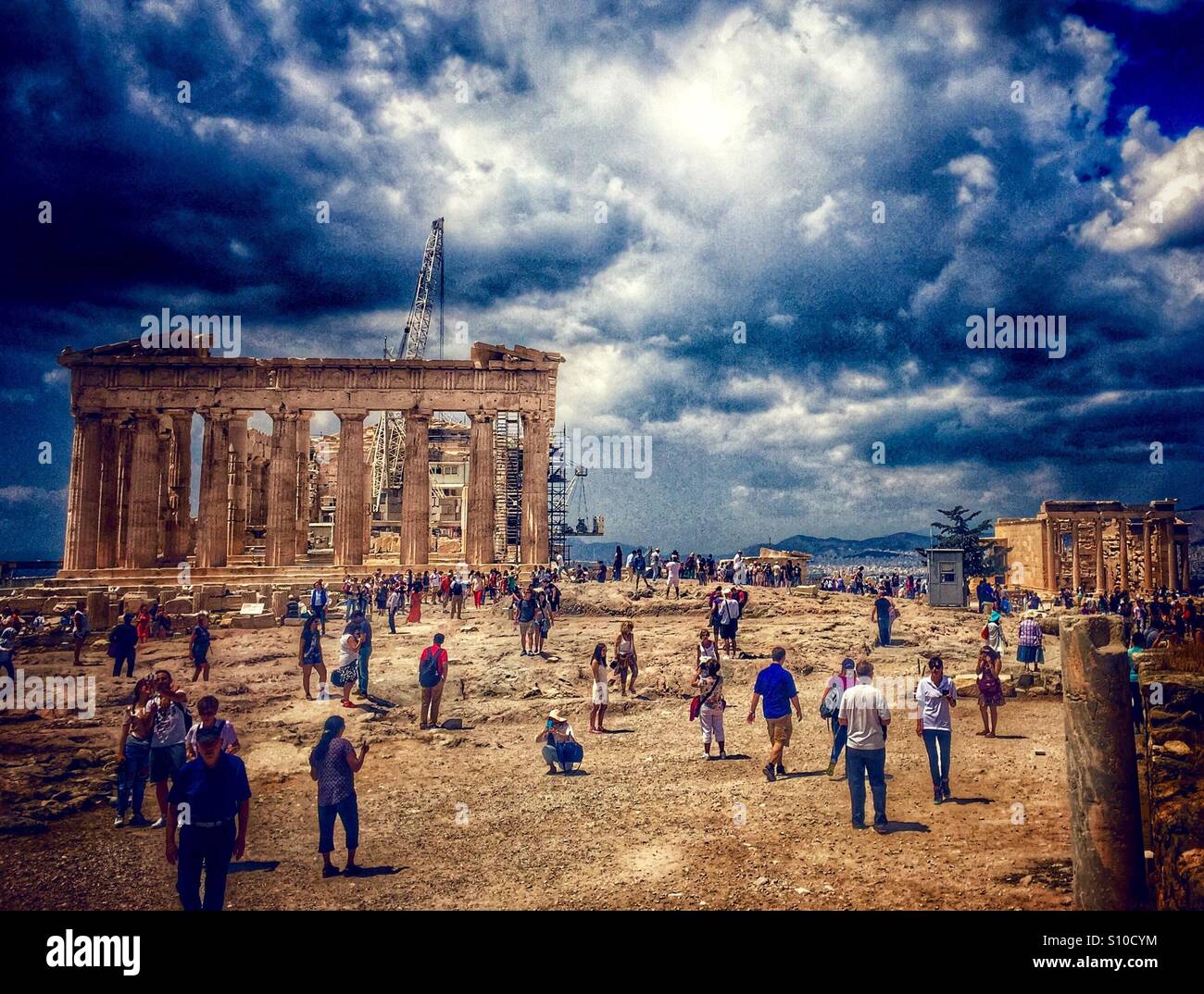 Tourists in front of the Parthenon, Acropolis of Athens Stock Photo