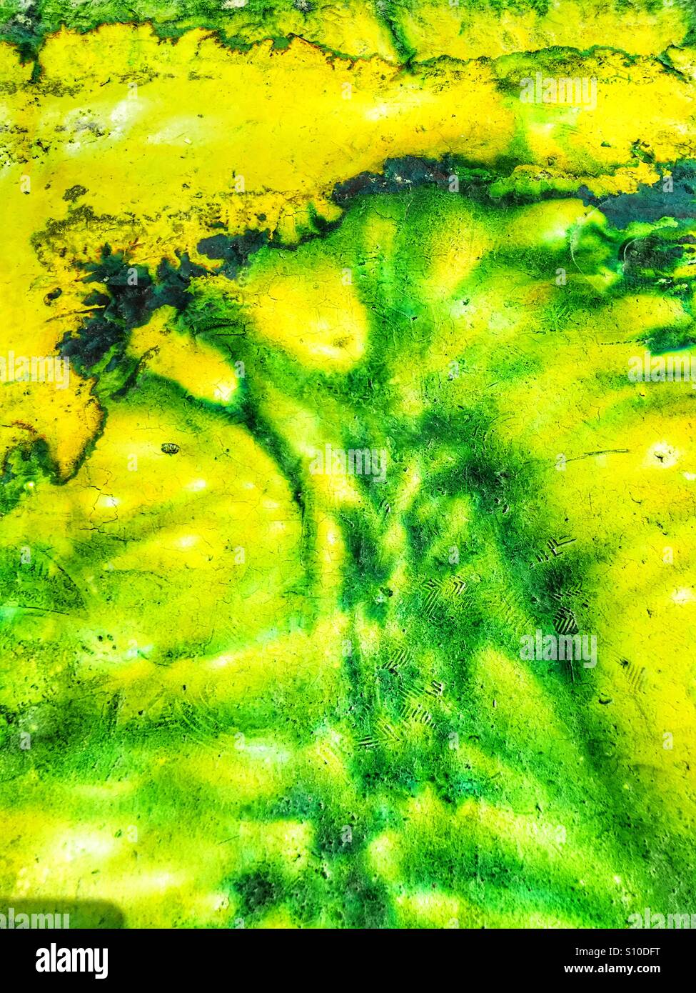 Green paint that was spilled and has dried on the pavement - Smartphone Captured Stock Image