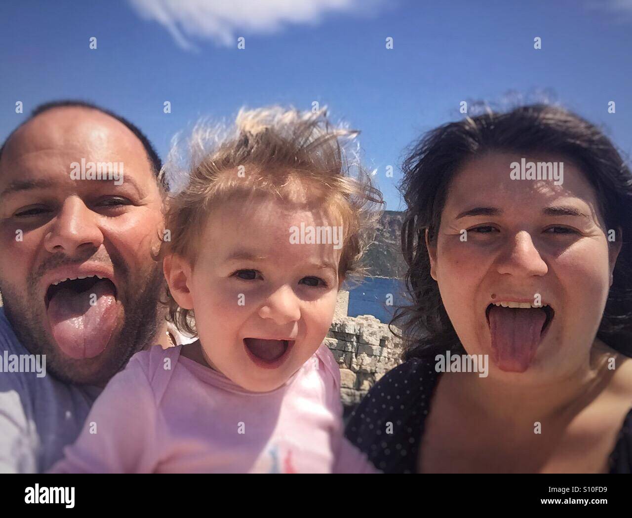 Family selfie portrait on holiday - Smartphone Captured Stock Image