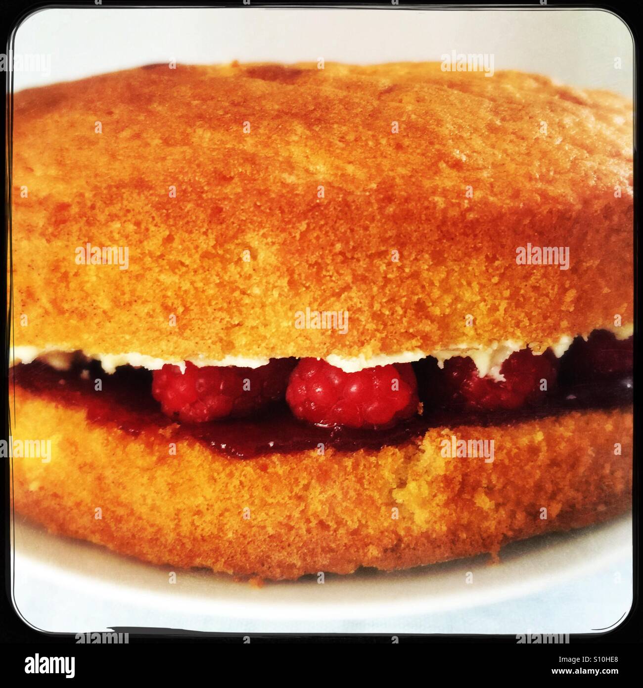 Raspberry sponge cake with buttercream icing Stock Photo