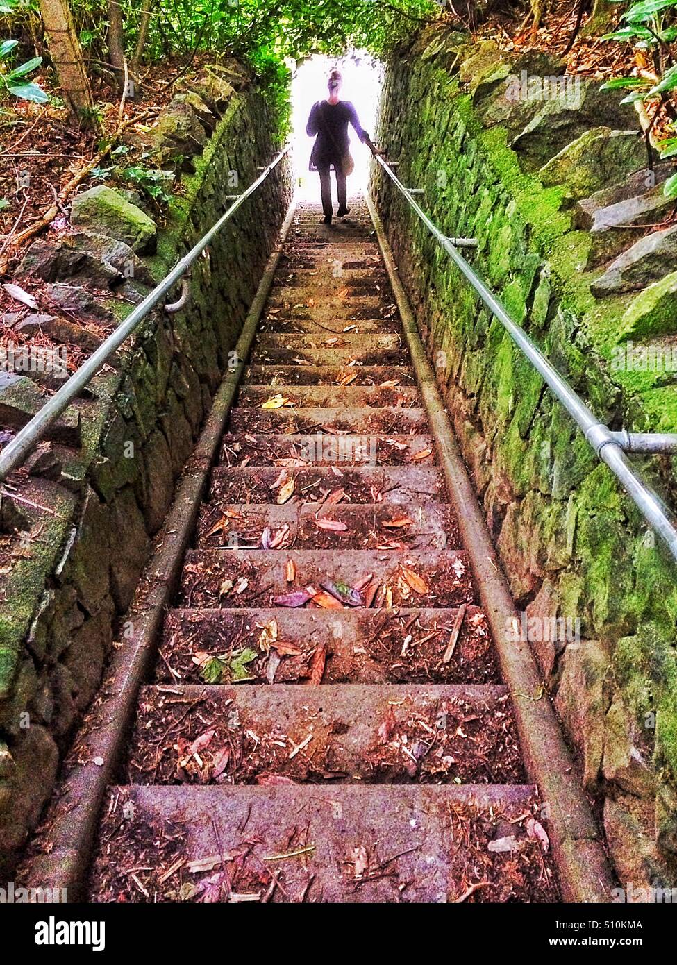 Woman walking into the light down dark steps Stock Photo