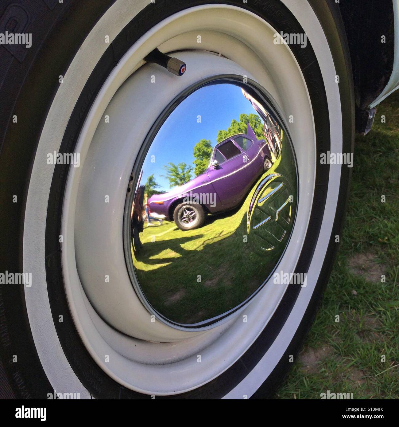 A car wheel close up at a classic car show - Smartphone Captured Stock Image