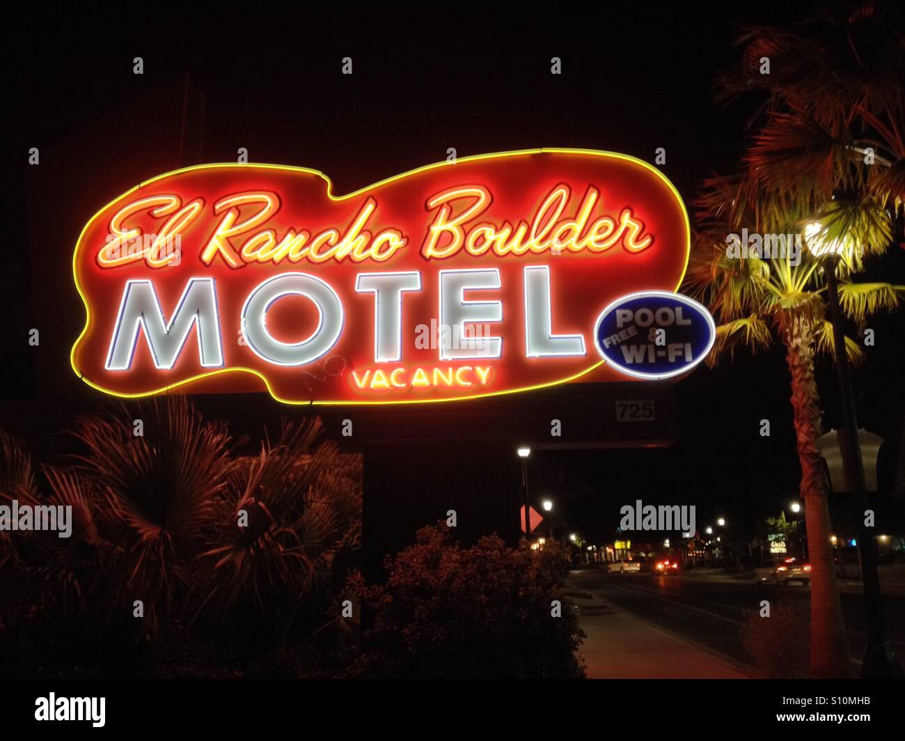 Neon sign travel concept El Rancho Boulder Motel, Boulder City, Nevada USA lit up at night, vacancy sign, 2015. - Smartphone Captured Stock Image