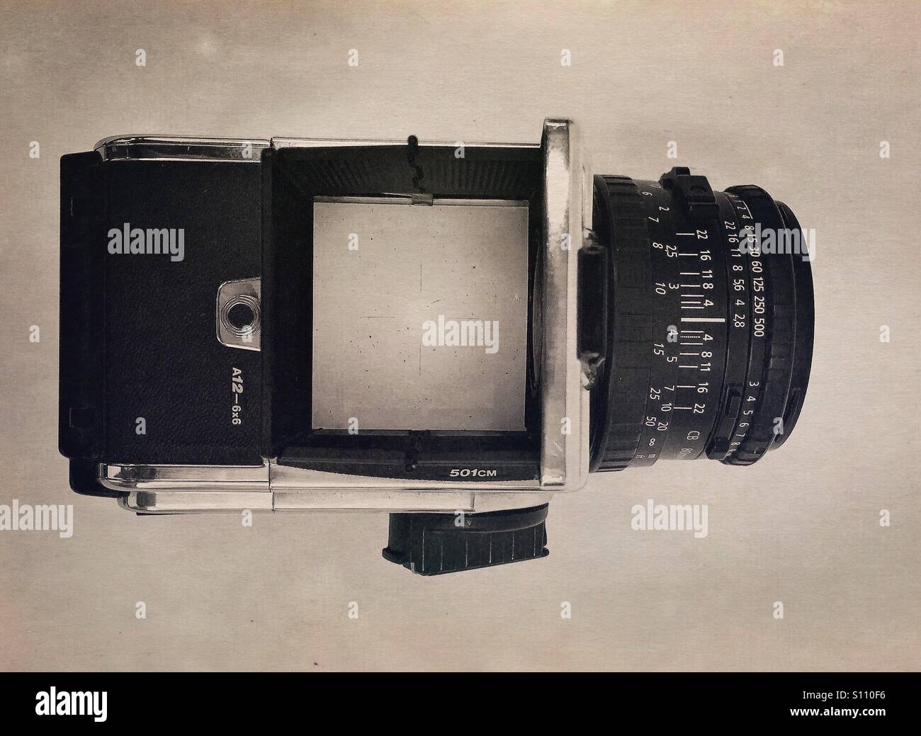 An overhead shot of Hasselblad medium format camera. Stock Photo