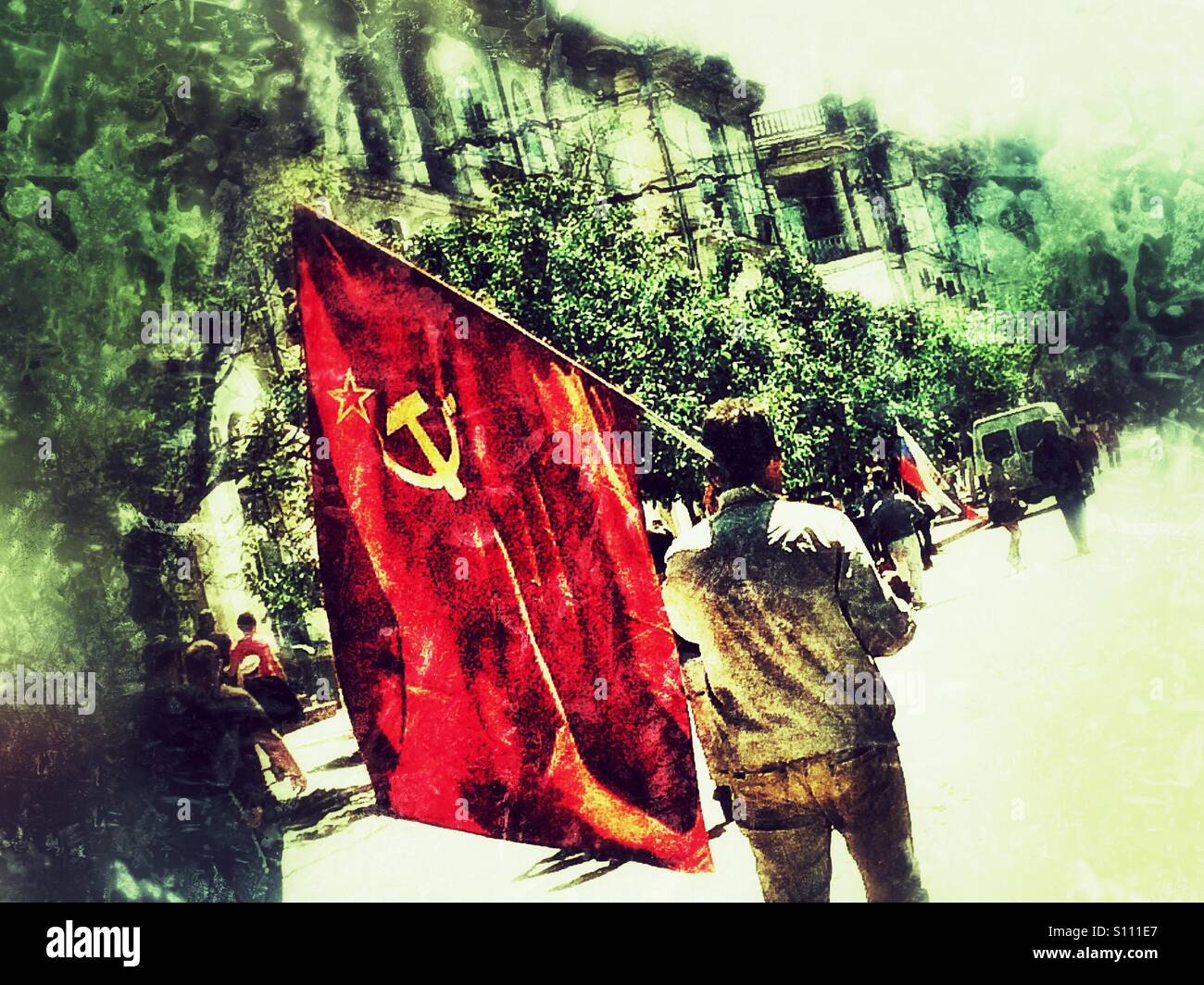 Man with flag of USSR, Sebastopol, Crimea - Smartphone Captured Stock Image