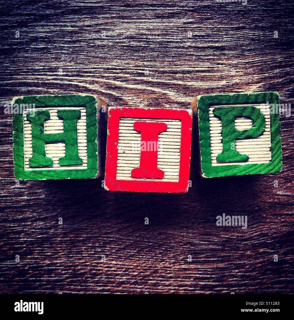 Word HIP done with alphabey woid blocks letters Stock Photo